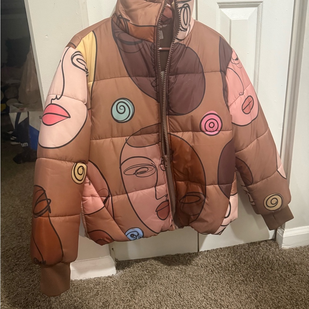 Abstract Face Print Puffer Jacket